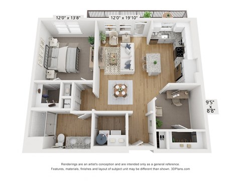 Floor plan for 1 bed, 1 bath, 893 sqft